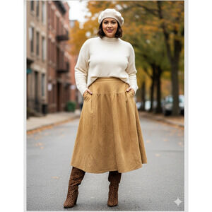 Vintage 70s Camel suede leather Skirt below knee Classic boho England Sz-M